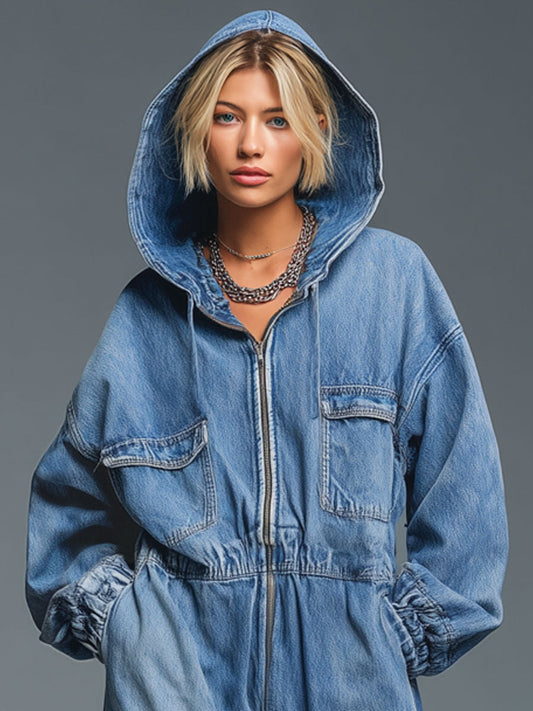 Street Retro Zipper Hooded Blue Denim Wide-Leg Jumpsuit