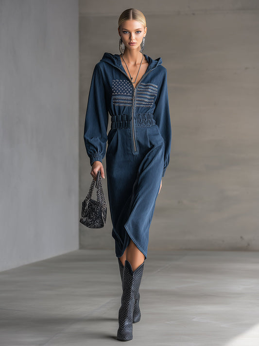 Casual Loose Hooded Printed Front Zipper Blue Denim Long Sleeve Midi Dress