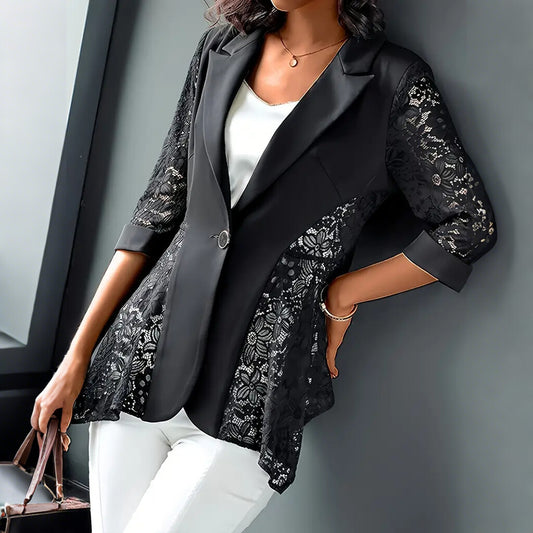 Elegant Lace Patchwork Peak Lapel 3/4 Sleeve One Button Blazer