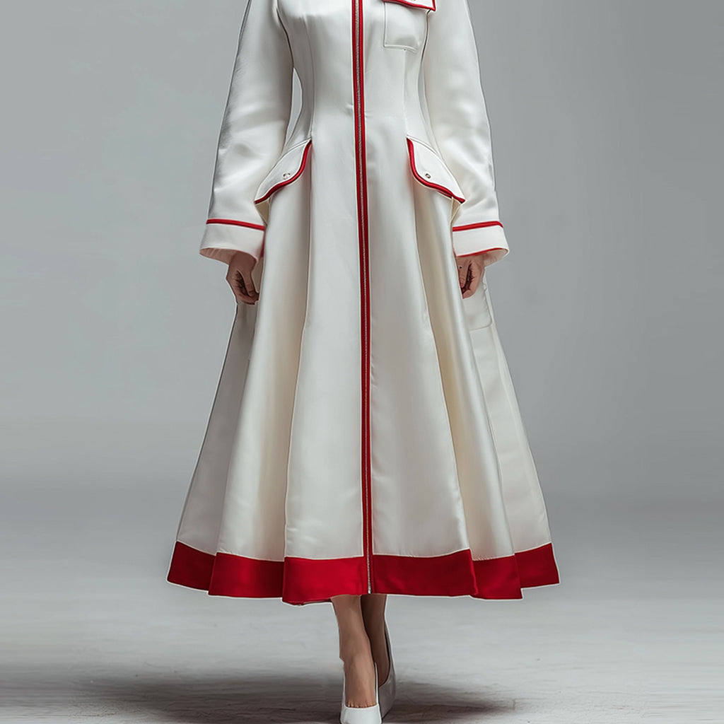 Ursime Contrast Binding Flap Pocket Long Sleeve Coat Midi Dress
