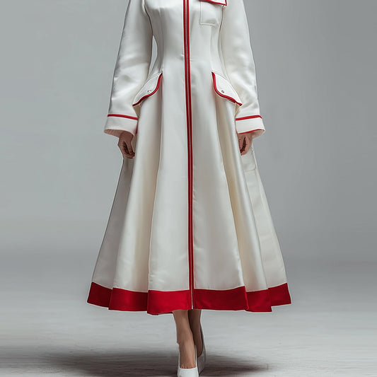 Ursime Contrast Binding Flap Pocket Long Sleeve Coat Midi Dress