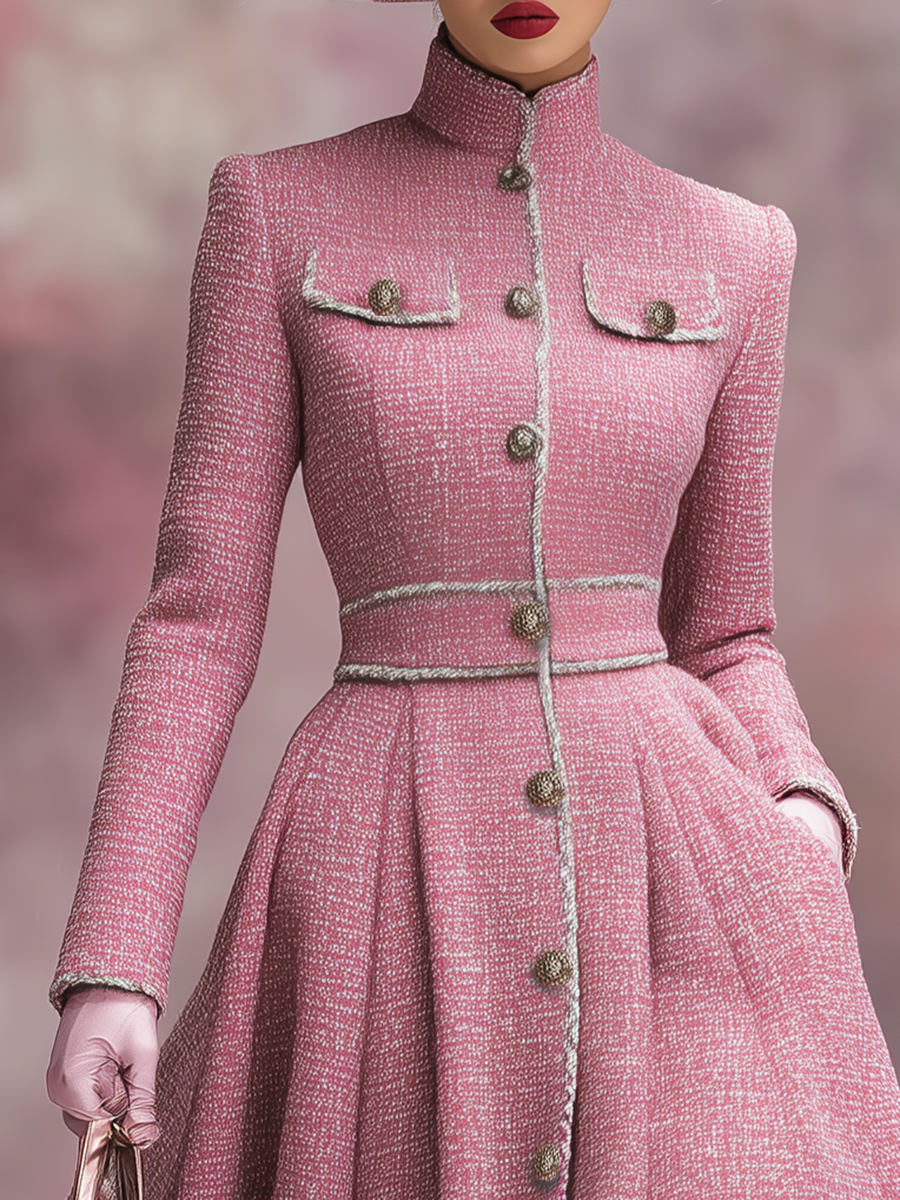 Stylish Stand-up Collar A-line Tweed Maxi Dress