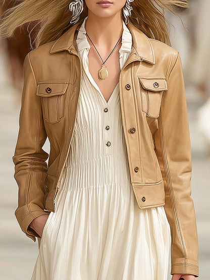 Casual Fashion Lapel Apricot Button Faux Leather Jacket