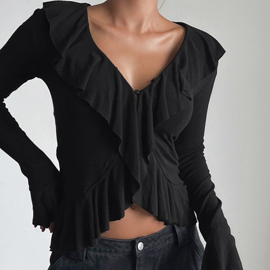 Casual Knitted Ruffle V Neck Long Sleeve Blouse