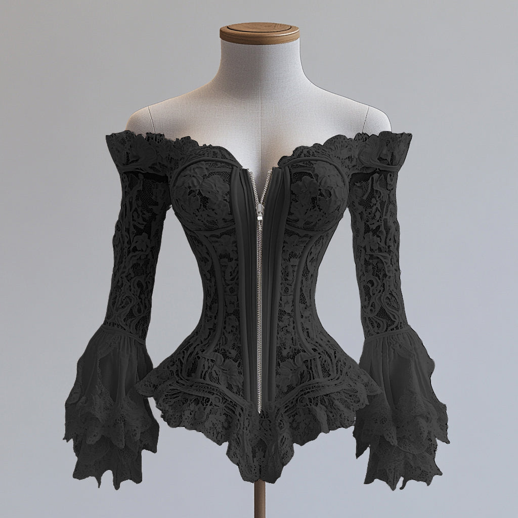 Ursime Lace Off Shoulder Flare Sleeve Irregular Hem Zipper Blouse