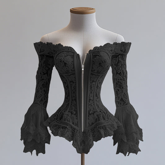 Ursime Lace Off Shoulder Flare Sleeve Irregular Hem Zipper Blouse