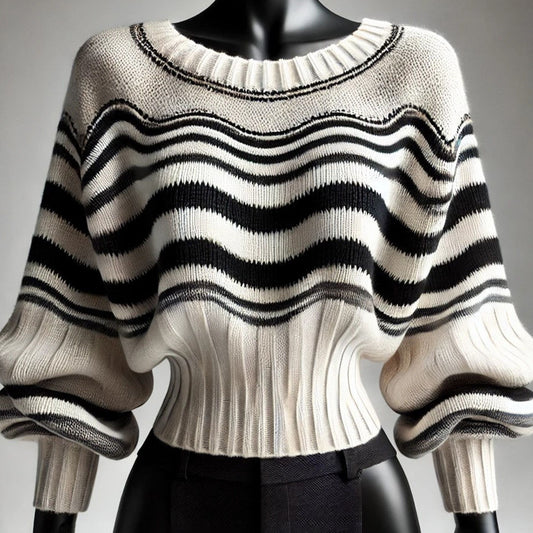 Casual Striped Crew Neck Puff Sleeves Knitted Cropped Sweater