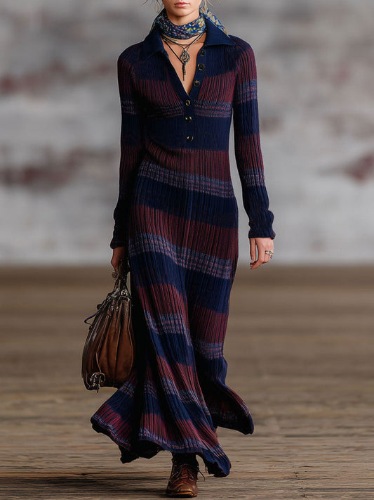 Vintage Navy Blue And Burgundy Knitted Striped Polo Long-Sleeved Maxi Dress