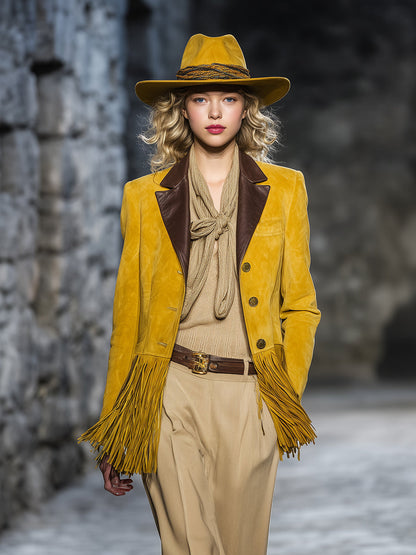 Vintage Western Style Brown Leather Collar With Yellow Tassels Faux Suede Blazer