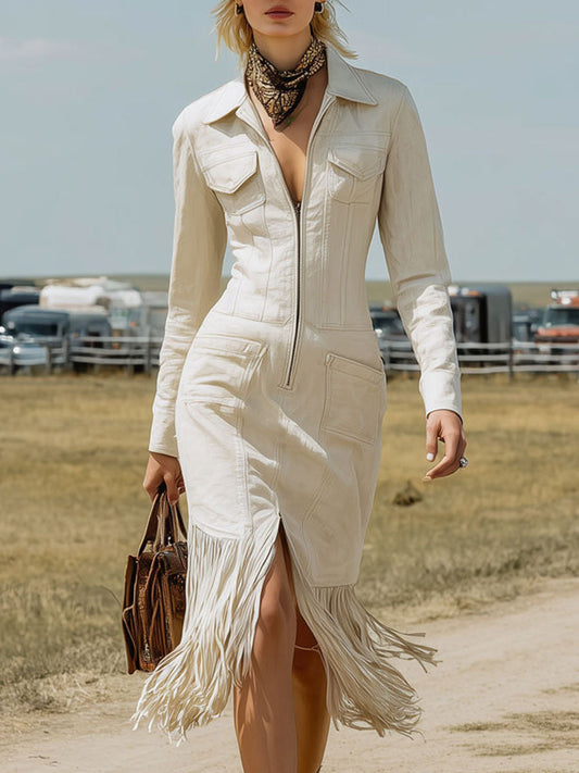 Western Retro White Denim Zipper Tassel Long Sleeve Midi Dress
