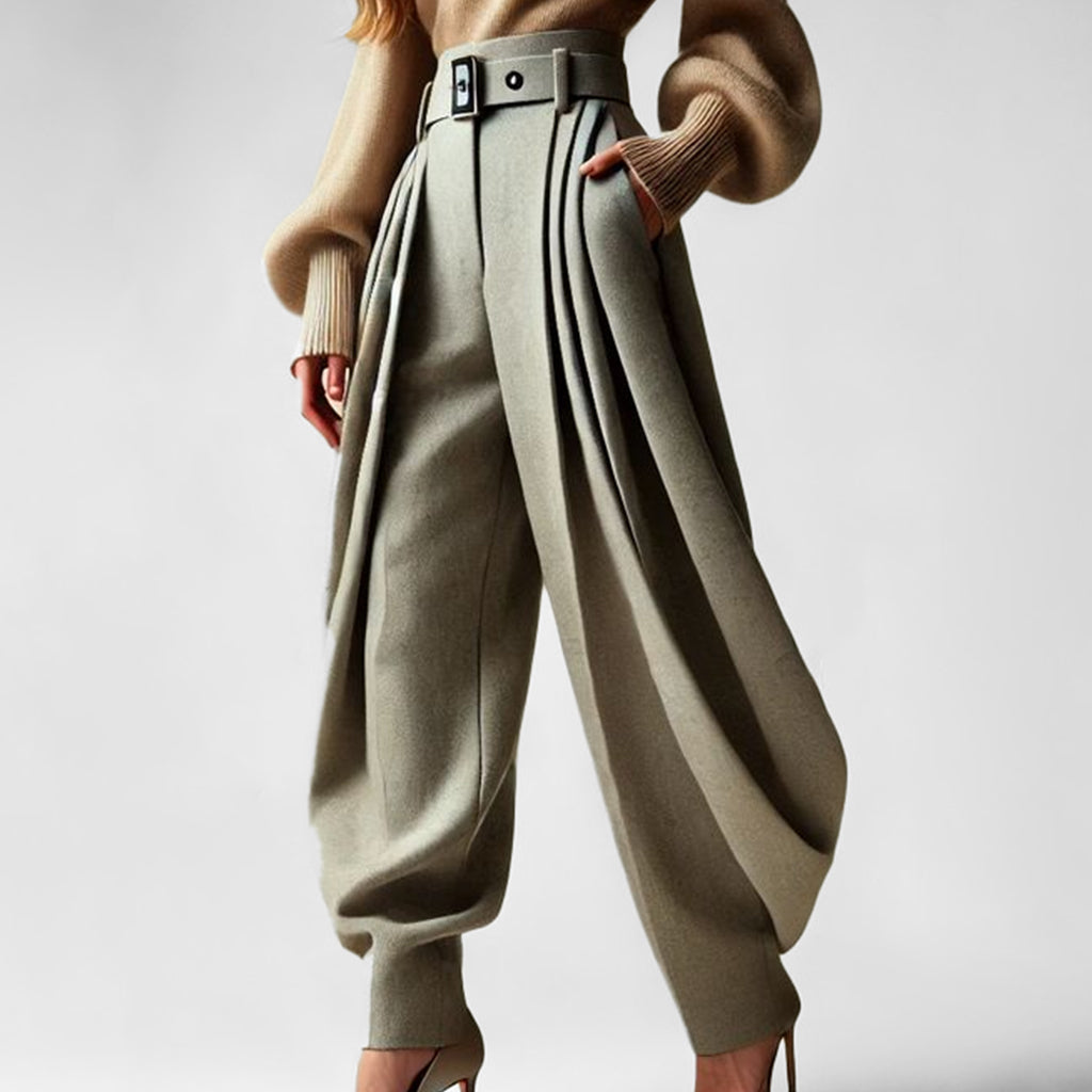 Fashion High Waist Belted Pleated Slant Pocket Balloon Pants