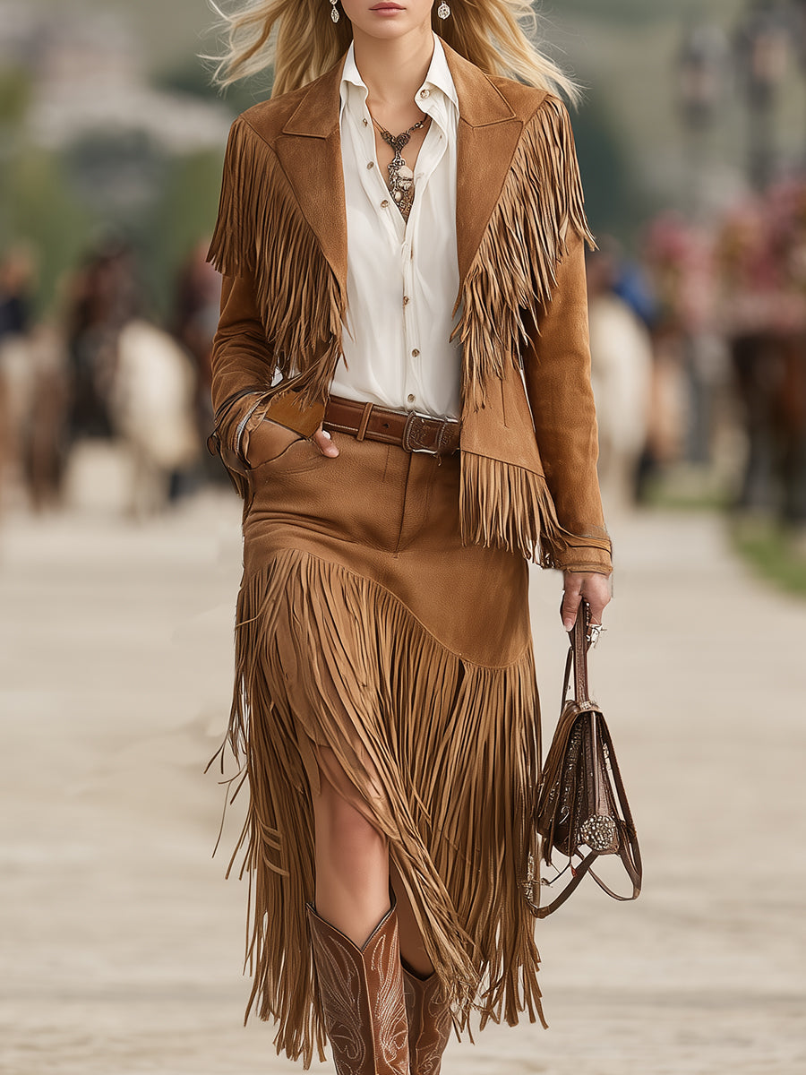 Retro Western Brown Tassel Jacket And Tassel Skirt Set