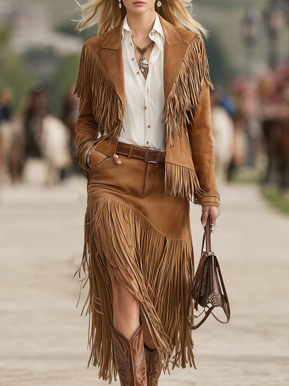 Retro Western Brown Tassel Jacket And Tassel Skirt Set
