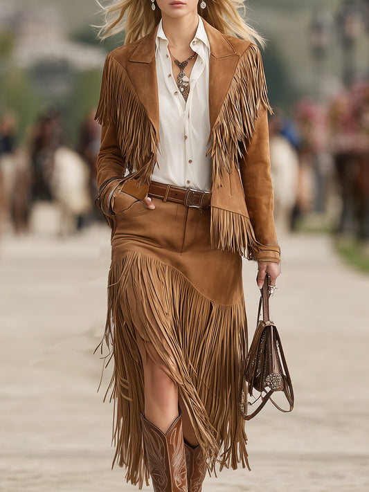 Retro Western Brown Tassel Jacket And Tassel Skirt Set