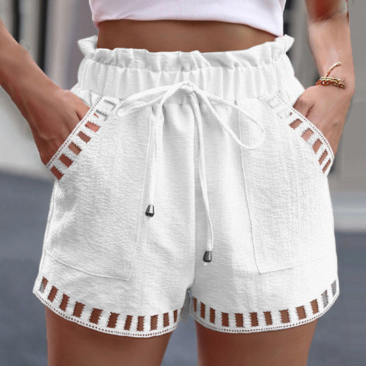 Casual Cotton And Linen Hollow Out Pocket Drawstring Shorts
