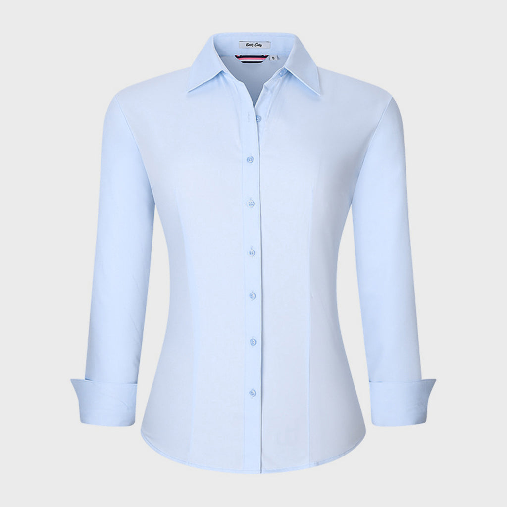Formal Solid Turndown Collar Long Sleeve Button Up Blouse