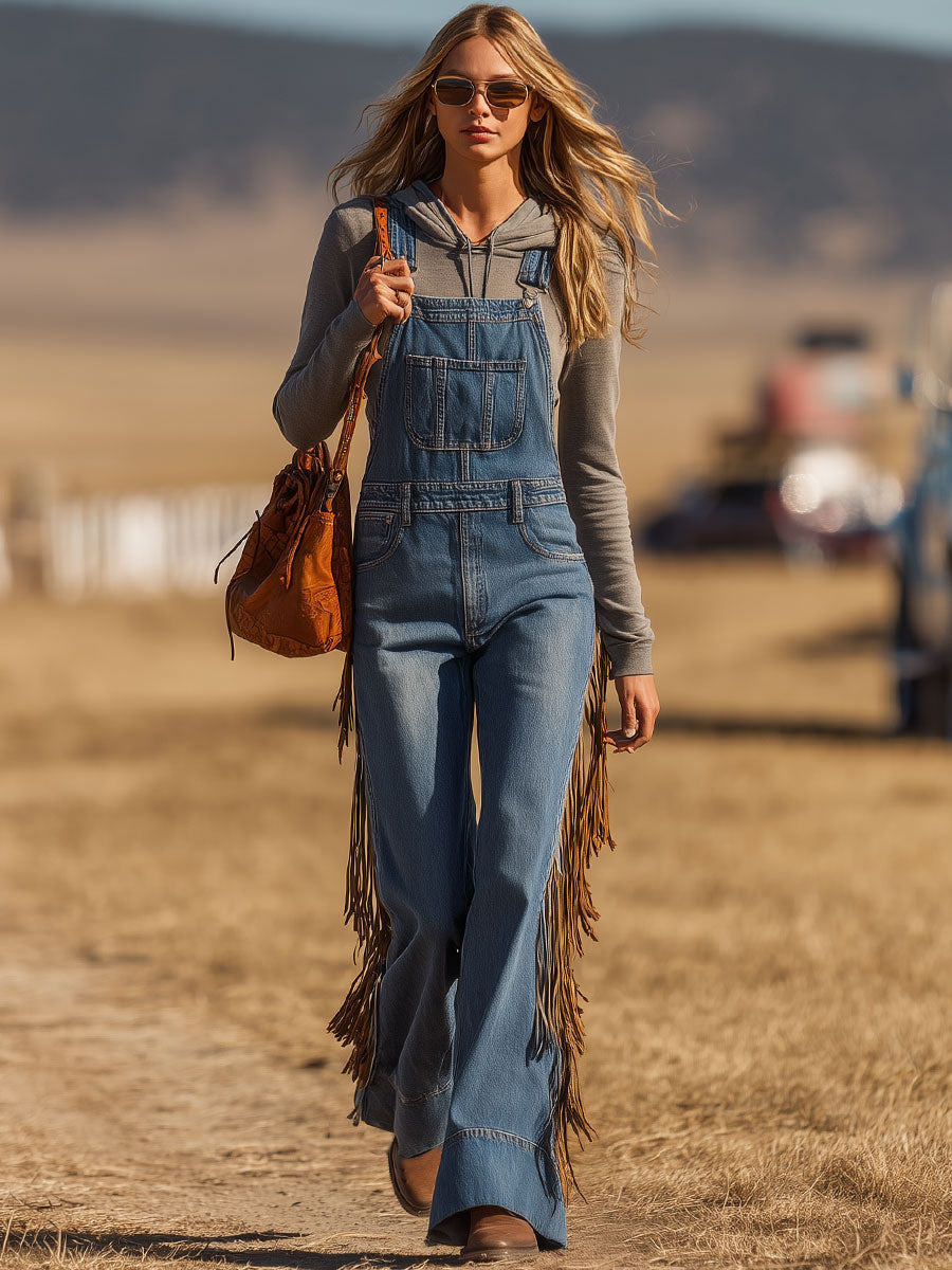 Western Retro Blue Denim Tassel Flared Overalls