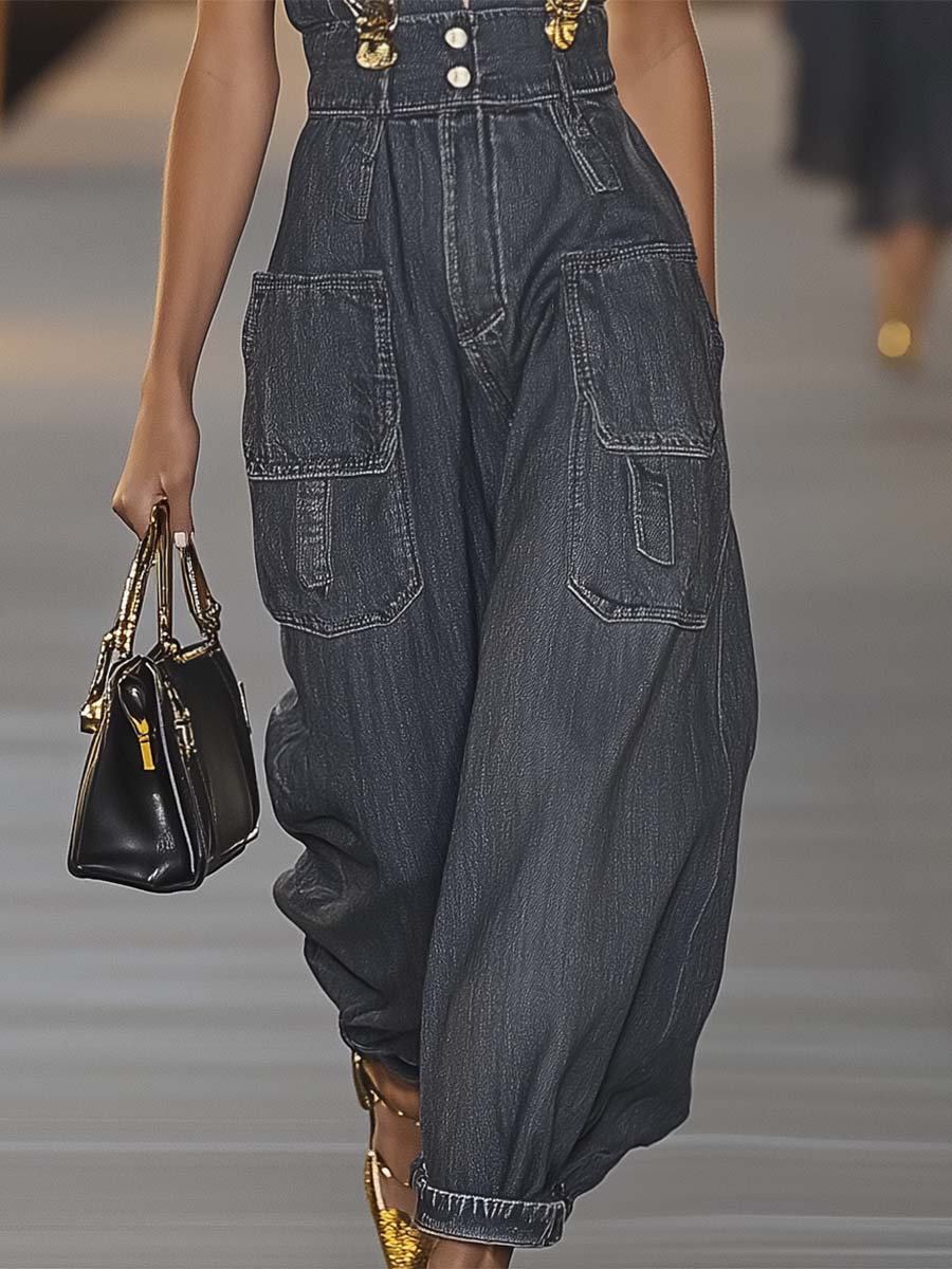 【24-hour shipping out】Fashion Personality Loose V-neck Suspender Denim Jumpsuit