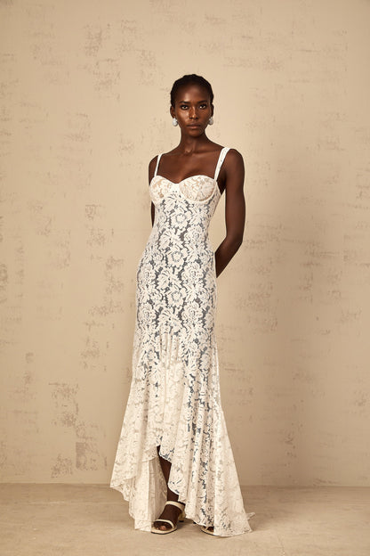 Abbie White Floral Lace Bustier Maxi Dress
