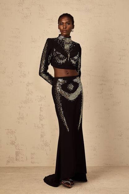 Mahault Black Sequin Embellished Top & Skirt Set