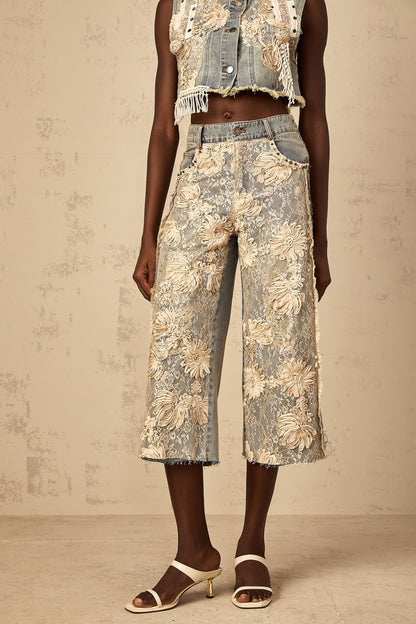 Amaryllis blue floral-lace-panel denim jeans