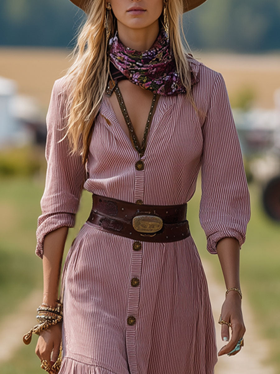 Western Retro Pink Corduroy Long Sleeve Tassel Midi Dress