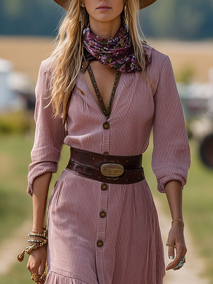 Western Retro Pink Corduroy Long Sleeve Tassel Midi Dress