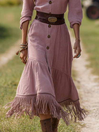 Western Retro Pink Corduroy Long Sleeve Tassel Midi Dress