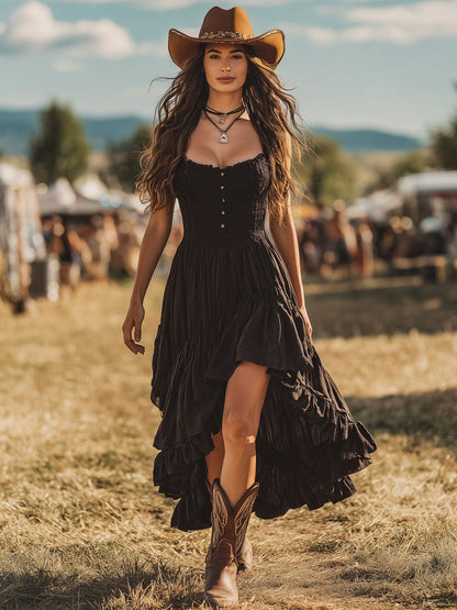 【24-hour shipping out】Western Retro Black Pleated Irregular Ruffle Sleeveless Maxi Dress