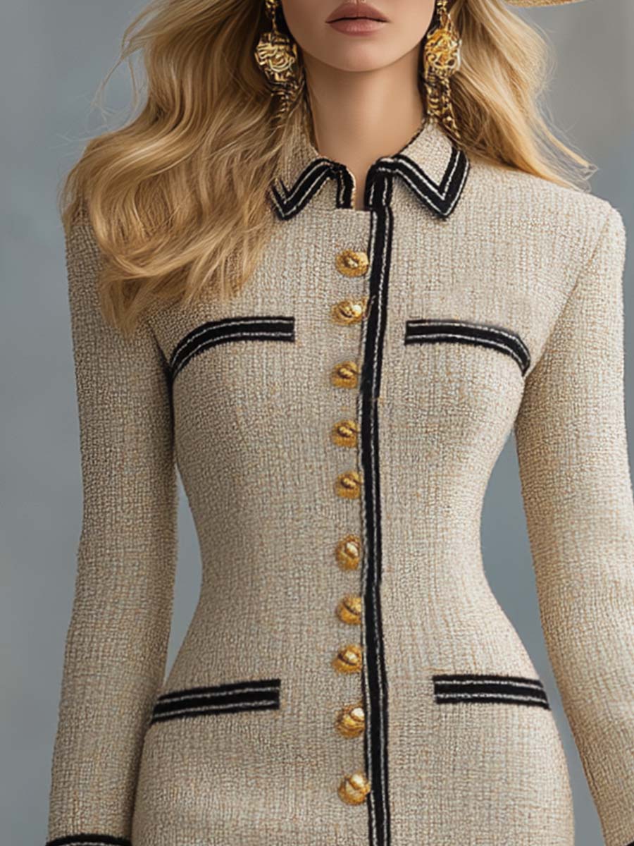 Elegant Vintage Front Button Black Piping Beige Tweed Mini Dress