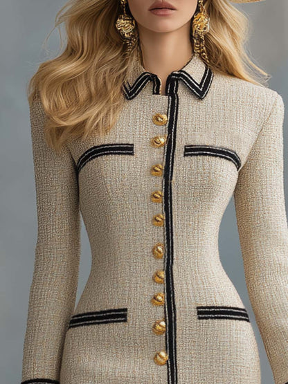 Elegant Vintage Front Button Black Piping Beige Tweed Mini Dress