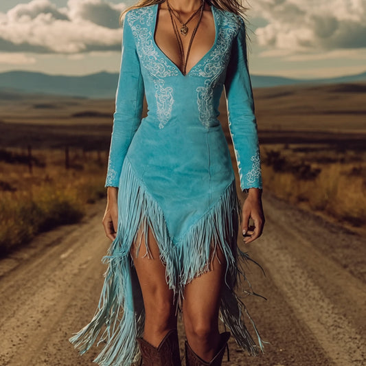Ursime Deep V Neck Long Sleeve Floral Fringe Suede Mini Dress