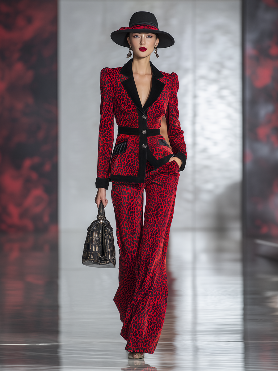 Vintage Red Leopard Print Black Contrast Trim Velvet Suit