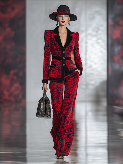 Vintage Red Leopard Print Black Contrast Trim Velvet Suit