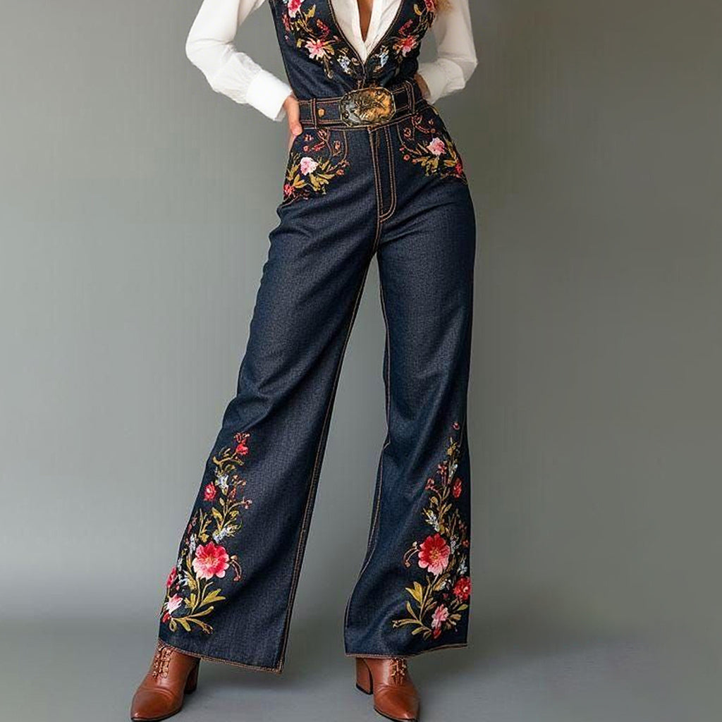 Western Denim Floral Pattern Deep V Neck Wide Leg Jumpsuit
