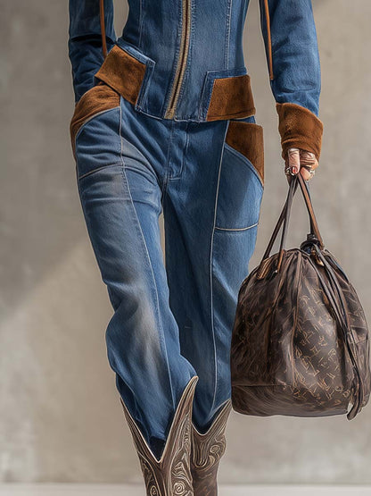 Vintage Western Suede And Blue Denim Hooded Zip-Front Jacket And Pants Set