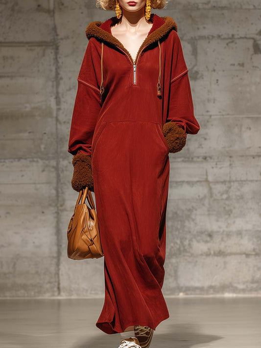 Vintage Casual Western Hooded Front Zipper Teddy Velvet Cuffs Red Cotton Maxi Dress