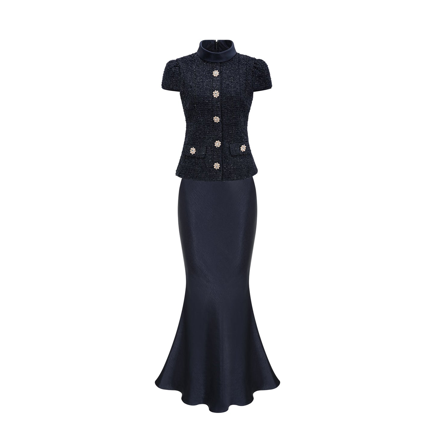 Josette blue peplum-waist panelled maxi dress