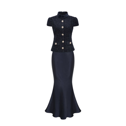 Josette blue peplum-waist panelled maxi dress