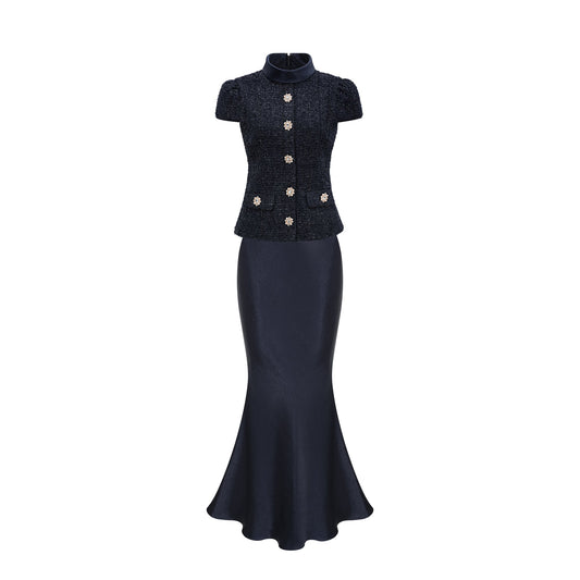 Josette blue peplum-waist panelled maxi dress