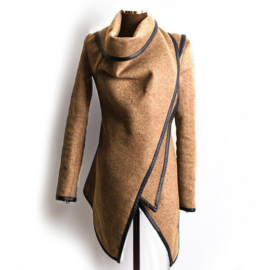 Cowl Neck Long Sleeve Asymmetrical Wrap Cuff Zipper Woolen Coat