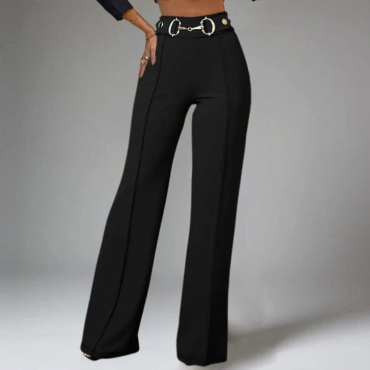 Formal Metal Buckle Decor High Rise Straight Leg Pants