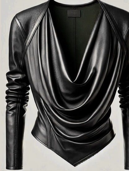 Ursime Cowl V Neck PU Leather Long Sleeve Blouse