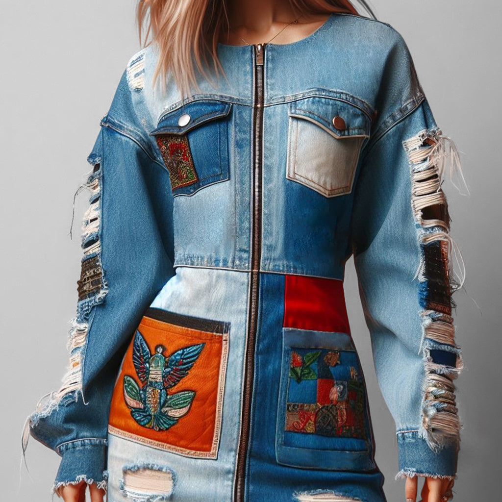 Fashion Patchwork Denim Ripped Chest Pockets Zip Up Mini Dress