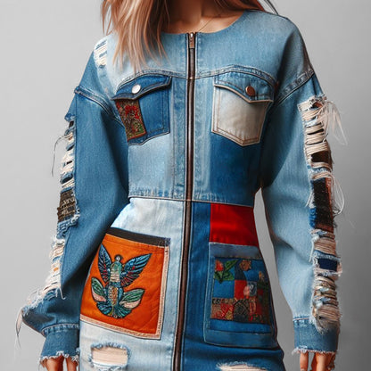 Fashion Patchwork Denim Ripped Chest Pockets Zip Up Mini Dress