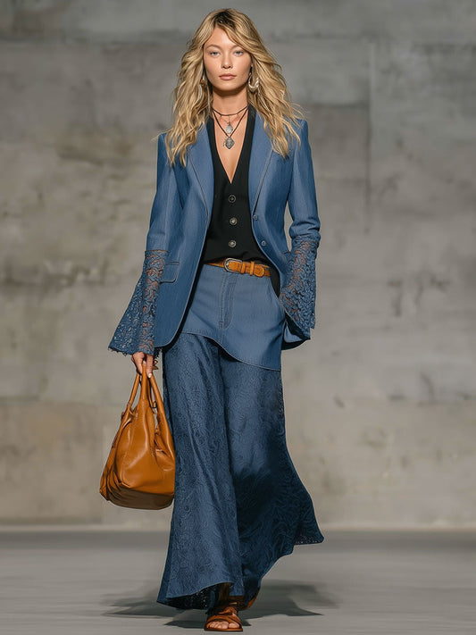 Casual Retro Blue Blended Lace Paneled Wide-Leg Skirt Pants