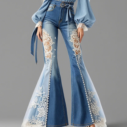 Ursime Lace Patchwork High Rise Denim Bell Bottom Jeans