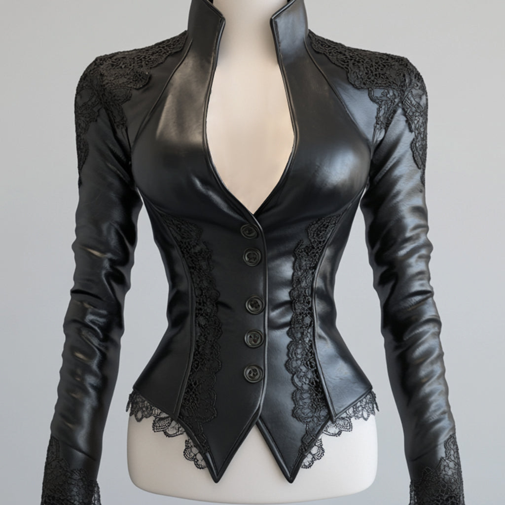 Ursime PU Leather Stand Collar Button Lace Trim Jacket