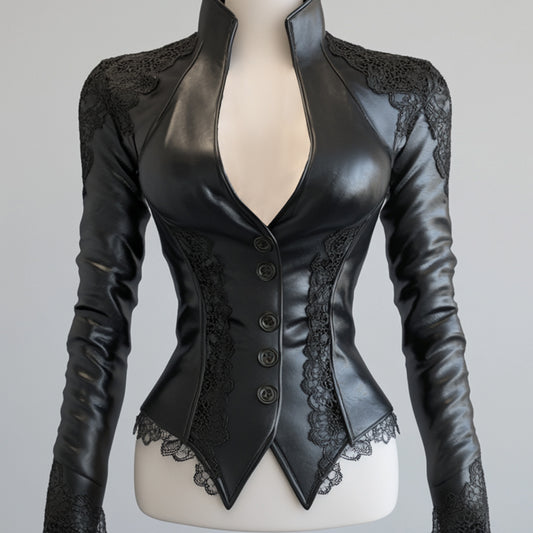 Ursime PU Leather Stand Collar Button Lace Trim Jacket