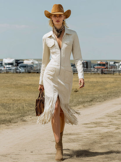 Western Retro White Denim Zipper Tassel Long Sleeve Midi Dress